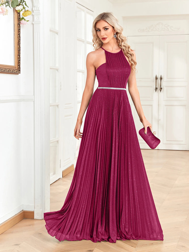 emerald pink halter-neck gown featuring a sparkling fabric, cinched waist with a silver belt detail, and a flowing A-line silhouette for a timeless evening style.