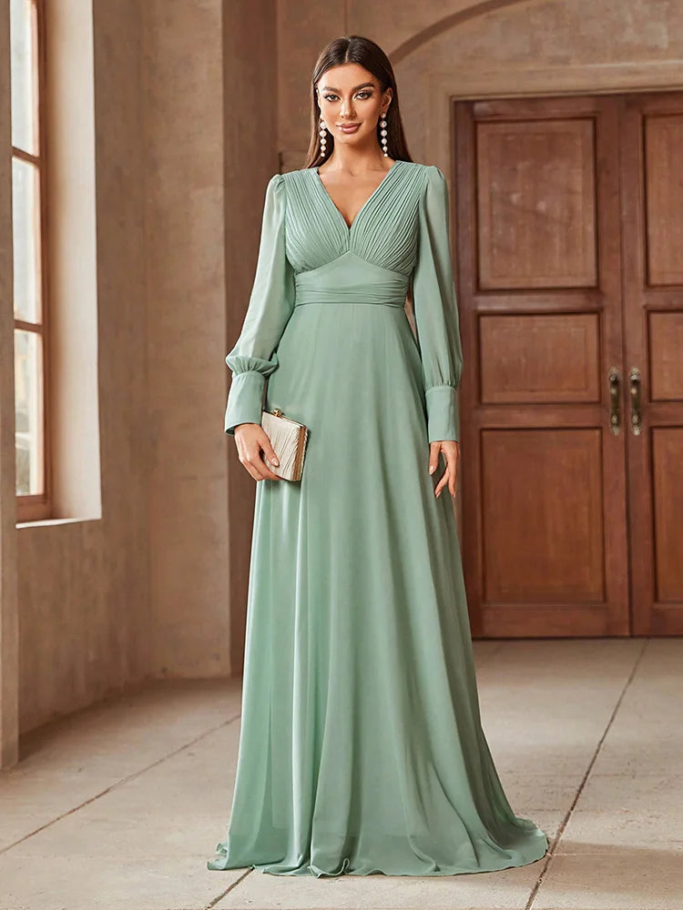 V-neck solid color formal dress with long sleeves, available in pink, blue, and green, perfect for elegant occasions.