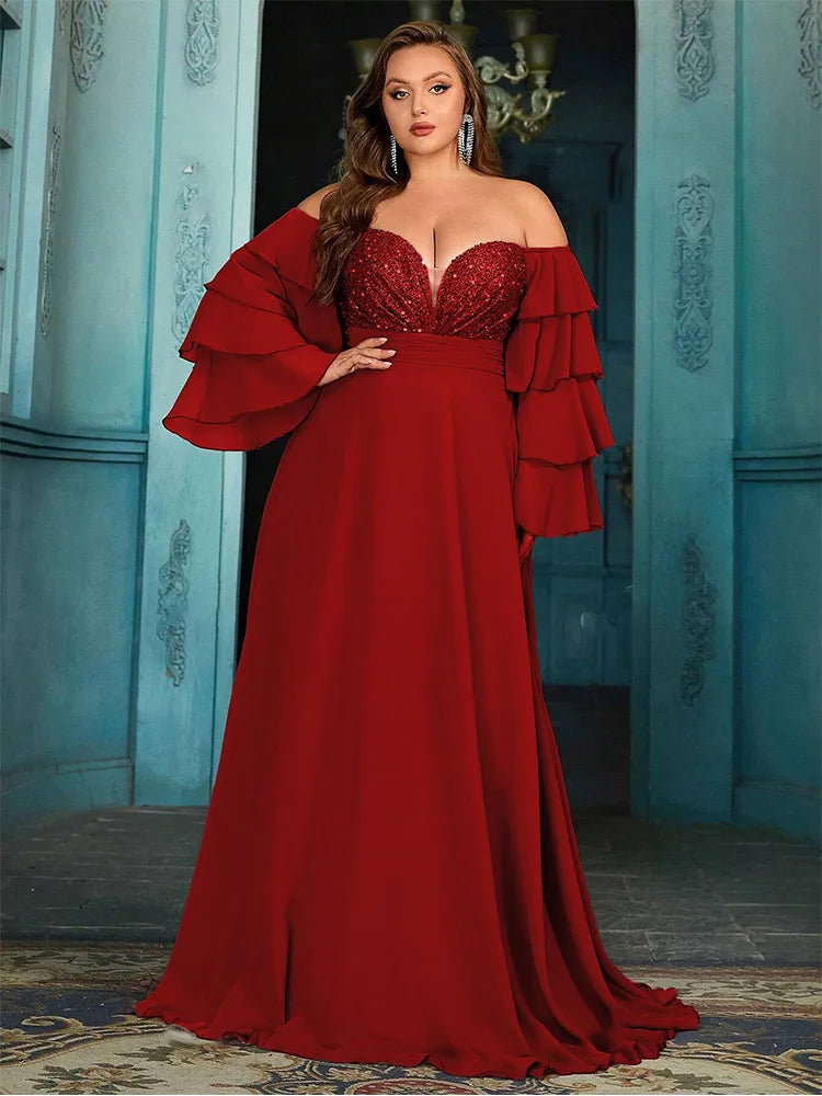 Elegant off-shoulder chiffon evening gown for plus sizes, floor-length design, available in blue, brown, red, and pink.