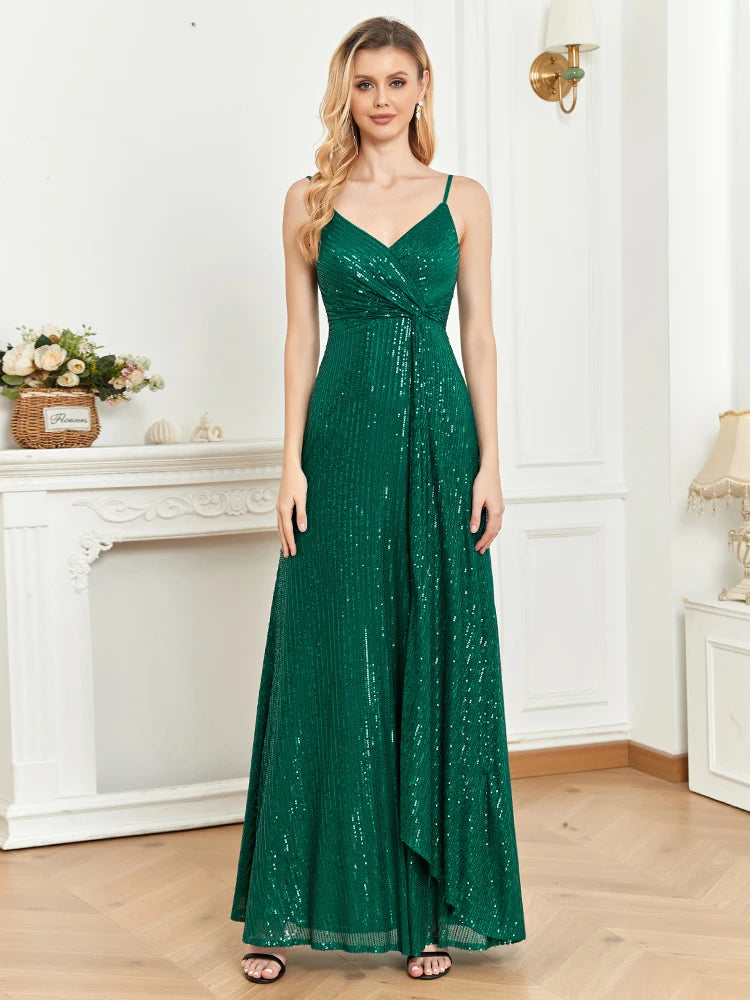 Sequined V-neck evening dress with a long flowing skirt, available in vibrant colors for formal events.