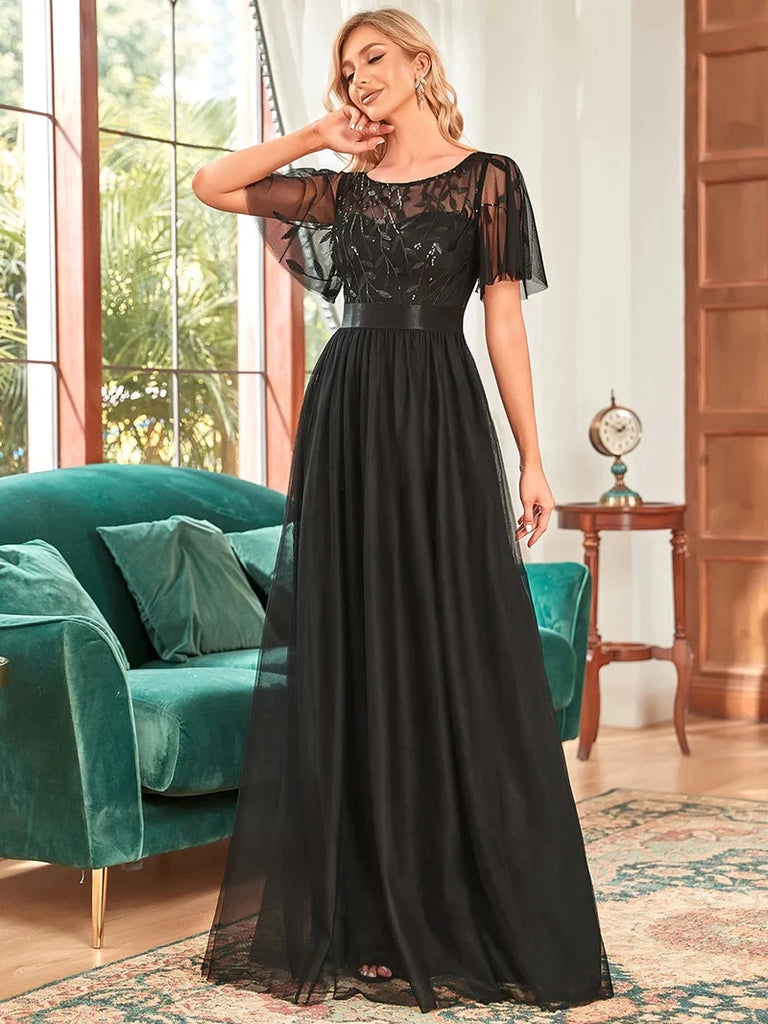 A-line evening dress with cap sleeves and sequins, available in a range of elegant colors, perfect for formal events.