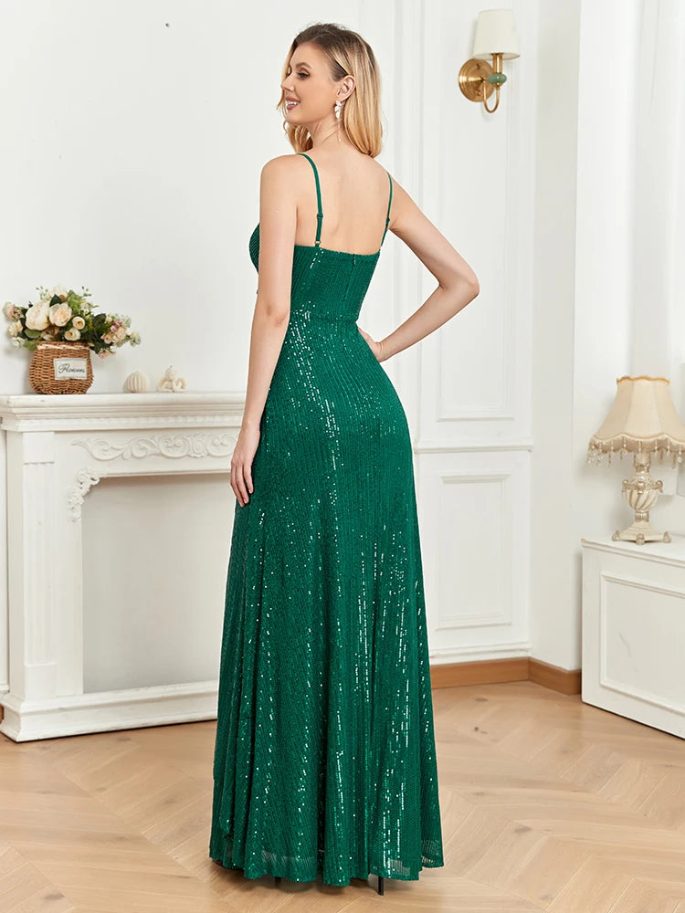 Sequined V-neck evening dress with a long flowing skirt, available in vibrant colors for formal events.