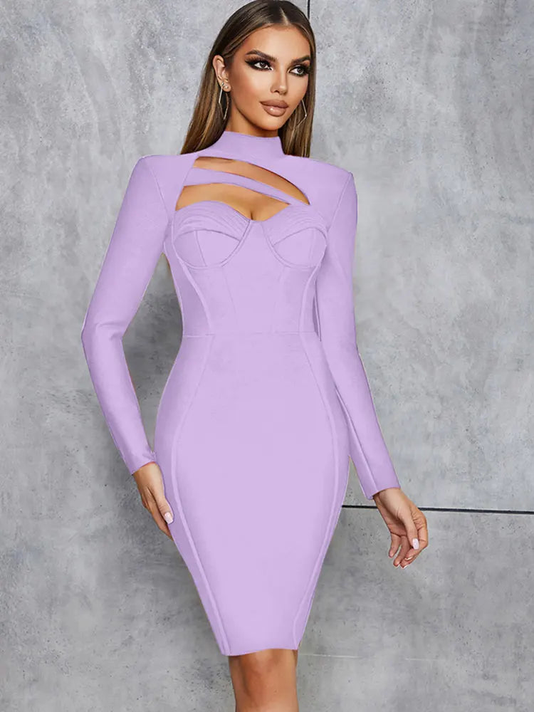 A sophisticated Purple bodycon dress with a high neckline, long sleeves, and unique cutout details on the chest is ideal for chic evening events.