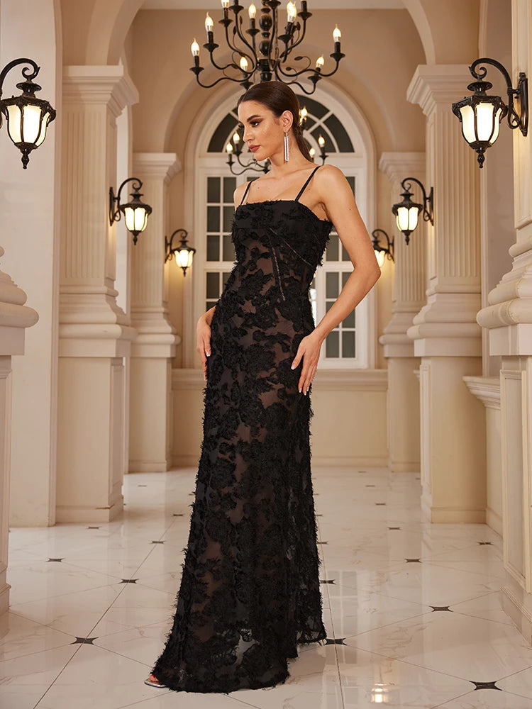 Black appliqué formal maxi dress, perfect for parties and formal occasions.