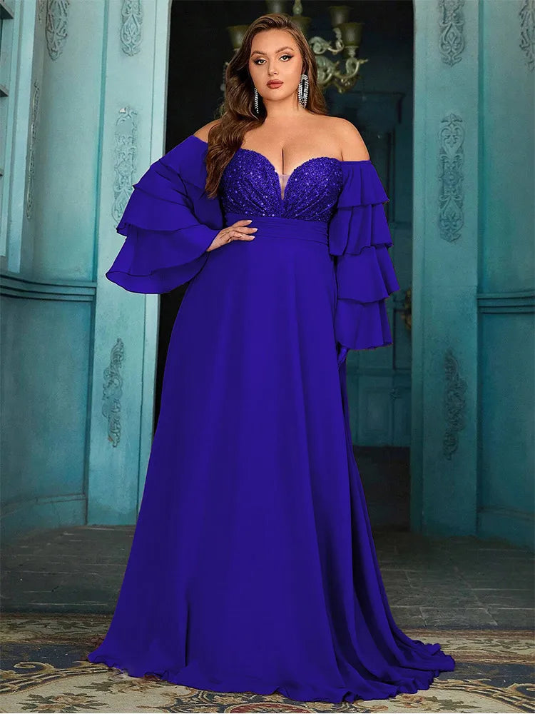 Elegant off-shoulder chiffon evening gown for plus sizes, floor-length design, available in blue, brown, red, and pink.