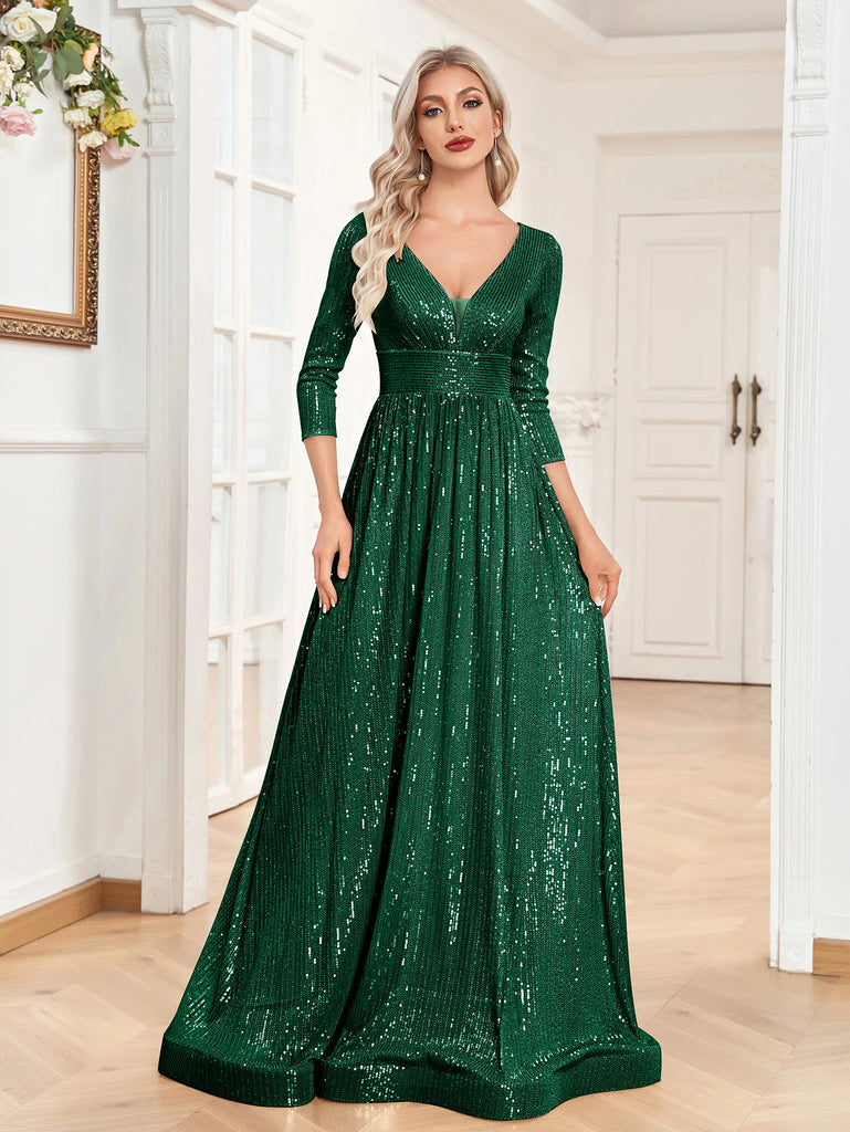 An elegant green sequin gown with a deep V-neckline, 3/4 sleeves, and a flowing A-line silhouette is perfect for evening galas or formal occasions.