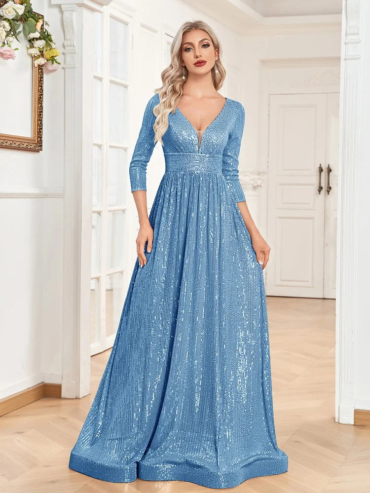 An elegant blue sequin gown with a deep V-neckline, 3/4 sleeves, and a flowing A-line silhouette is perfect for evening galas or formal occasions.