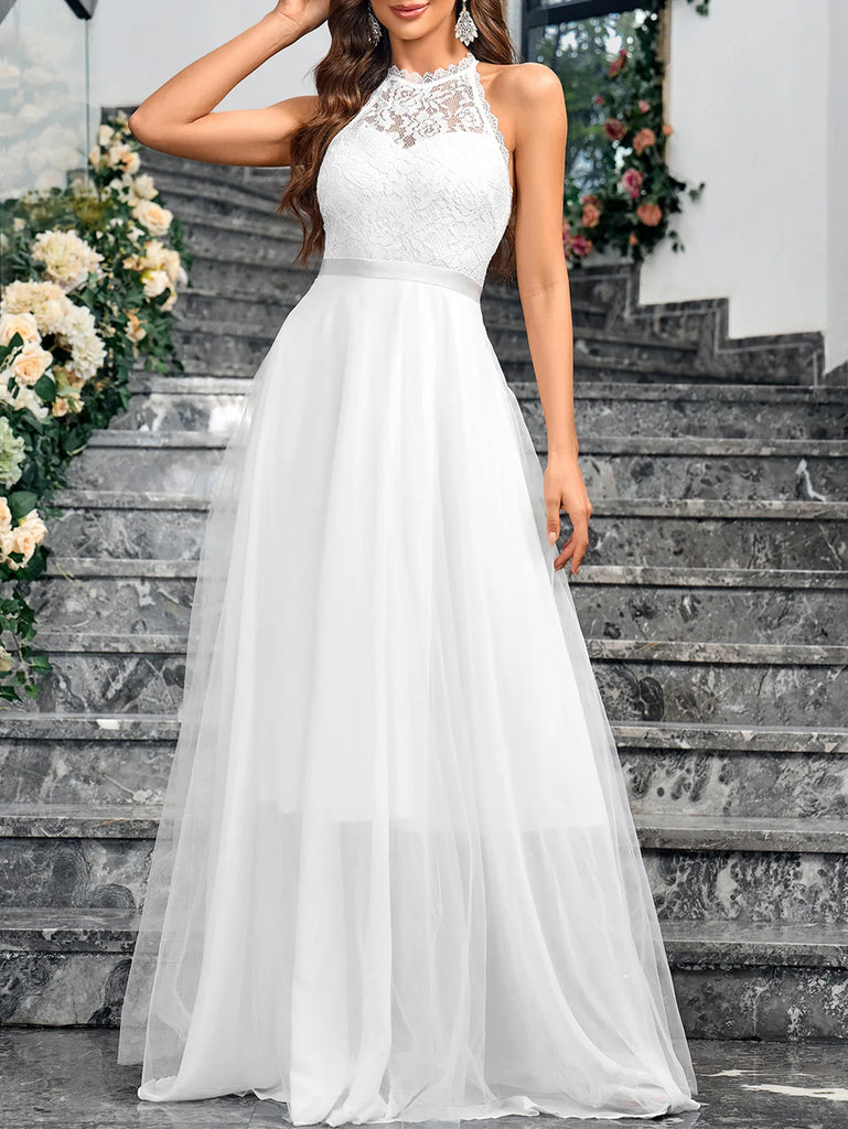 Chiffon halter neck beach wedding dress with lace applique details, available in white.