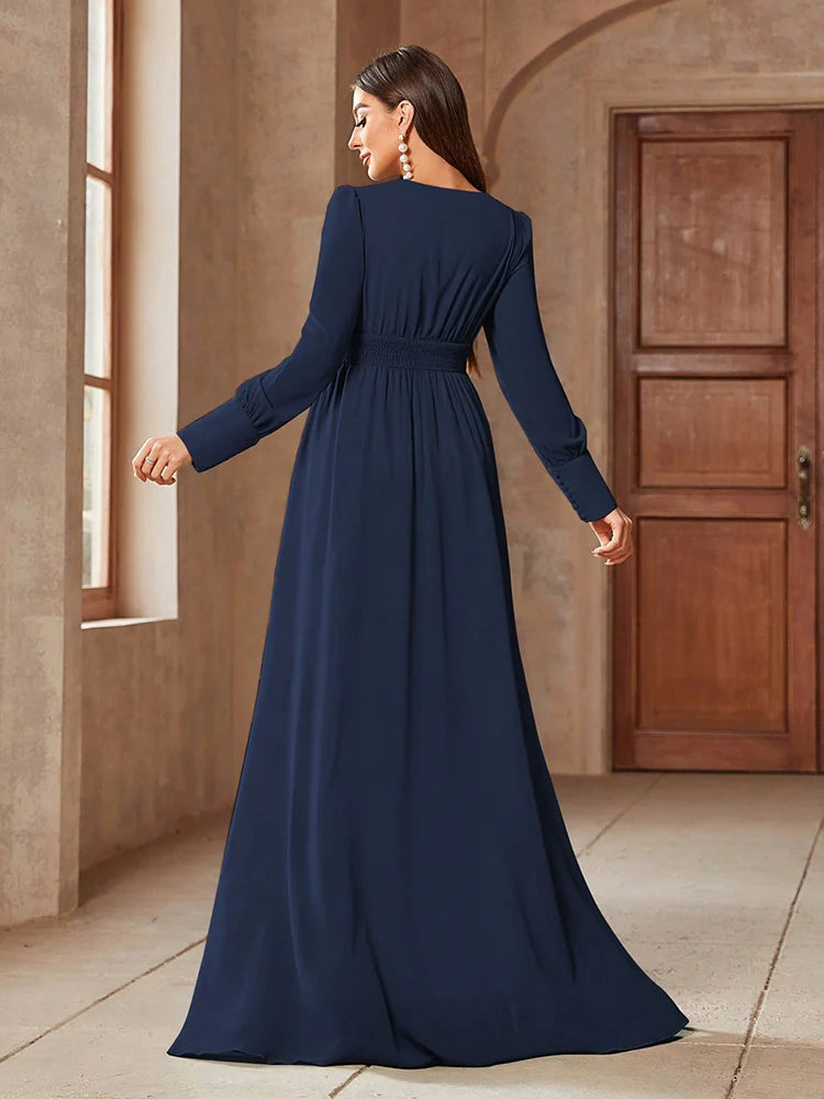 V-neck solid color formal dress with long sleeves, available in pink, blue, and green, perfect for elegant occasions.