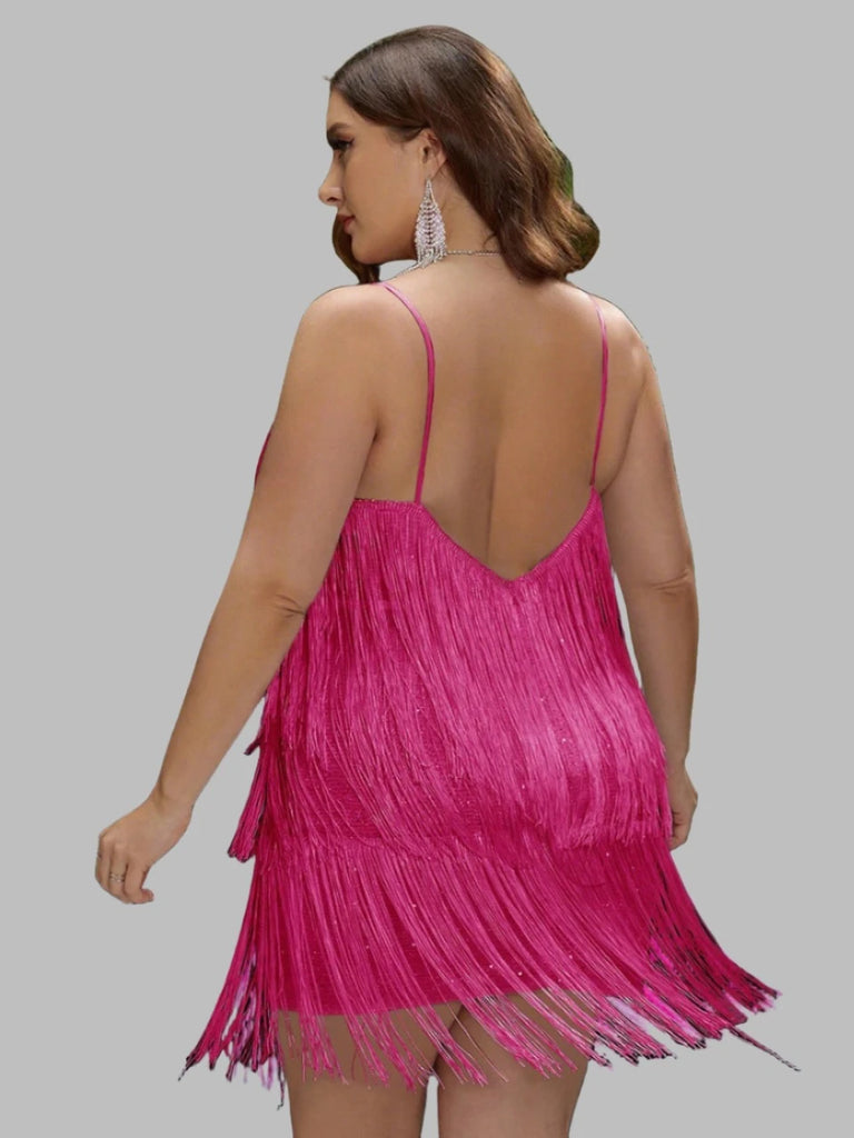 Plus size backless sequin mini dress with fringe details, spaghetti straps, and cutout design, available in multiple colors.