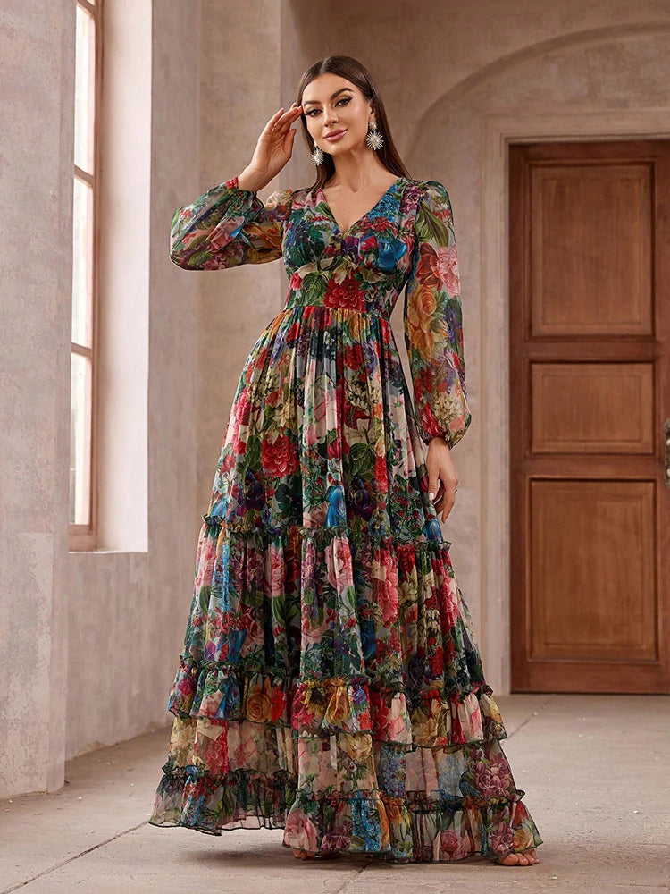 Elegant long-sleeve boho maxi dress with a floral print and frill trim, perfect for casual and vacation wear.