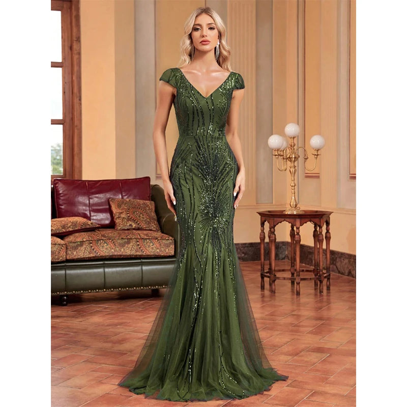 Elegant backless mermaid dress with V-neckline, sequins, and a long flowing hemline, perfect for formal events.