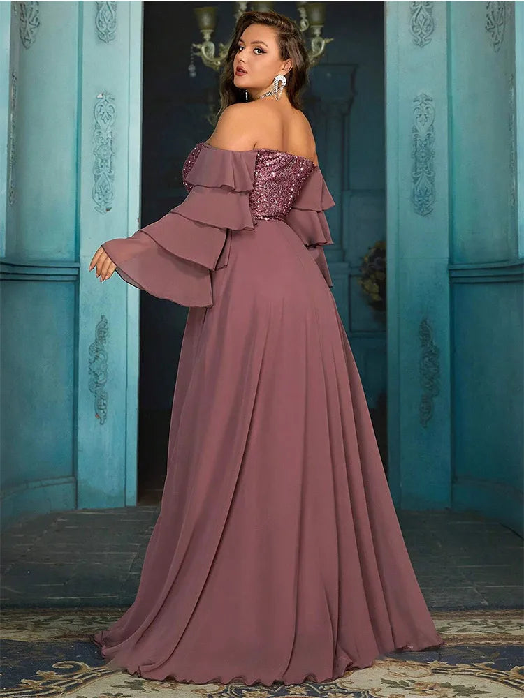 Elegant off-shoulder chiffon evening gown for plus sizes, floor-length design, available in blue, brown, red, and pink.