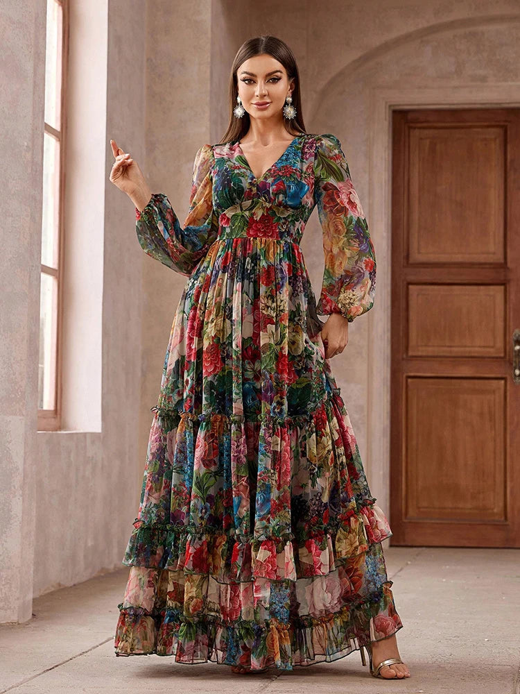 Elegant long-sleeve boho maxi dress with a floral print and frill trim, perfect for casual and vacation wear.