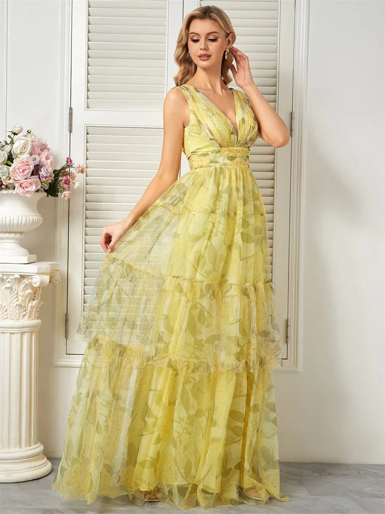 Elegant yellow chiffon backless dress, ideal for bridesmaids, graduation, and formal occasions.