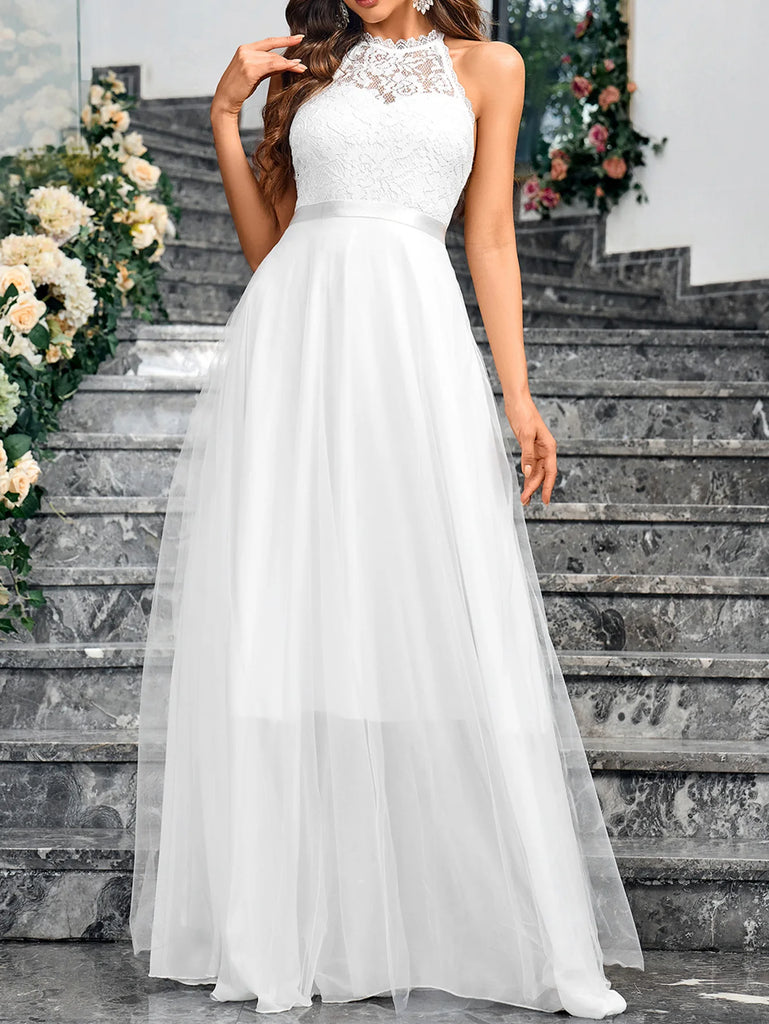 Chiffon halter neck beach wedding dress with lace applique details, available in white.