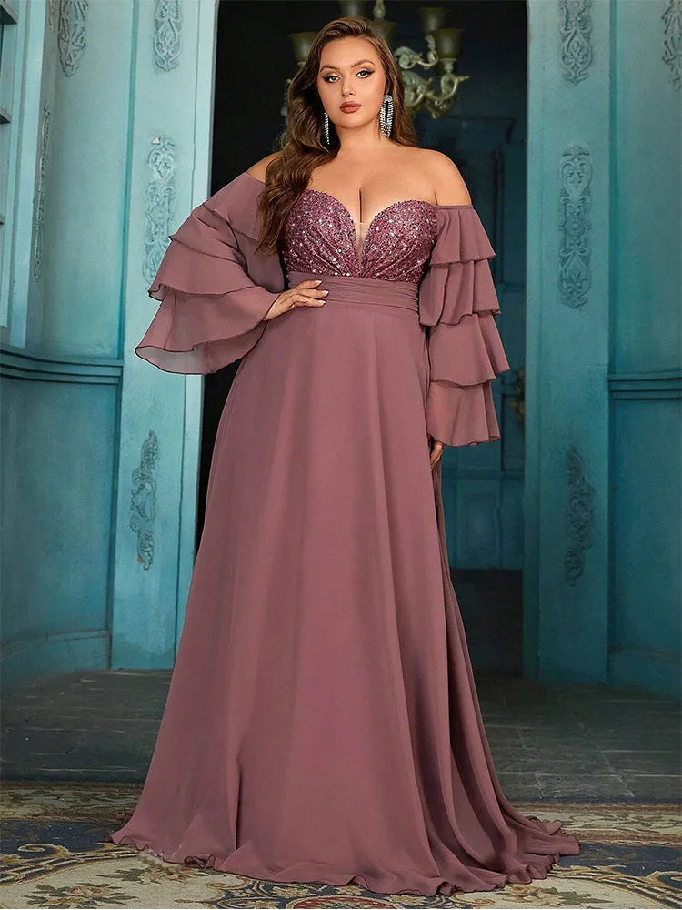 Elegant off-shoulder chiffon evening gown for plus sizes, floor-length design, available in blue, brown, red, and pink.