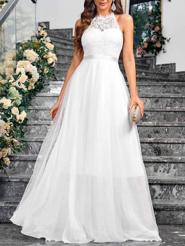 Chiffon halter neck beach wedding dress with lace applique details, available in white.