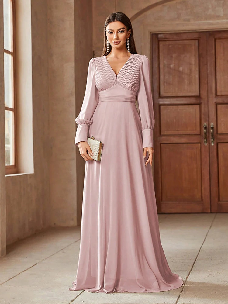 V-neck solid color formal dress with long sleeves, available in pink, blue, and green, perfect for elegant occasions.