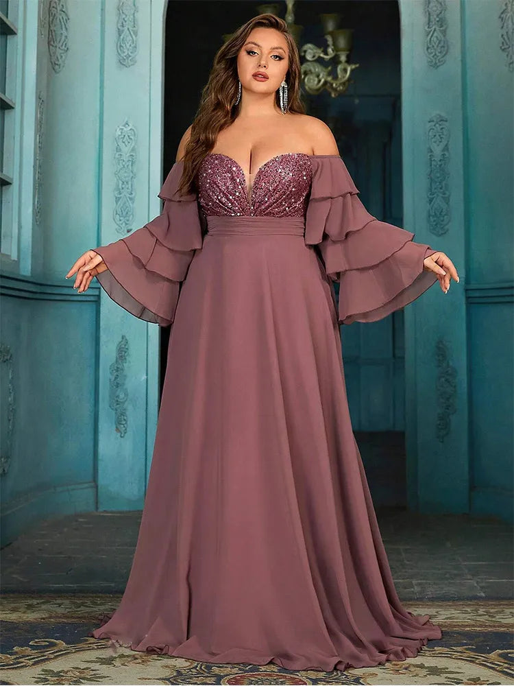 Elegant off-shoulder chiffon evening gown for plus sizes, floor-length design, available in blue, brown, red, and pink.