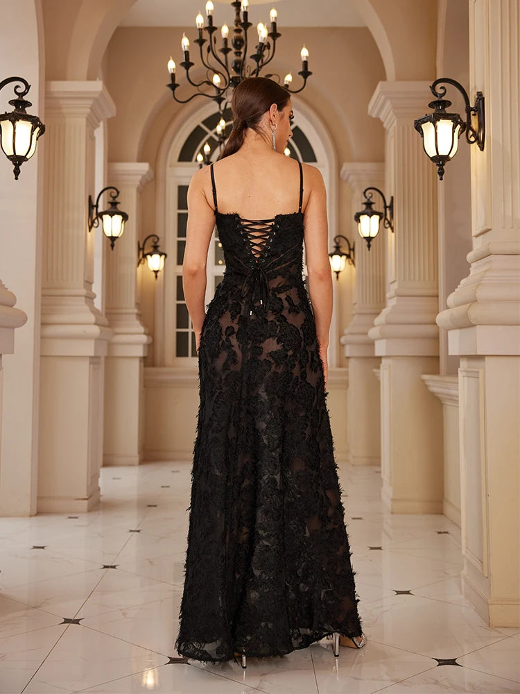 Black appliqué formal maxi dress, perfect for parties and formal occasions.