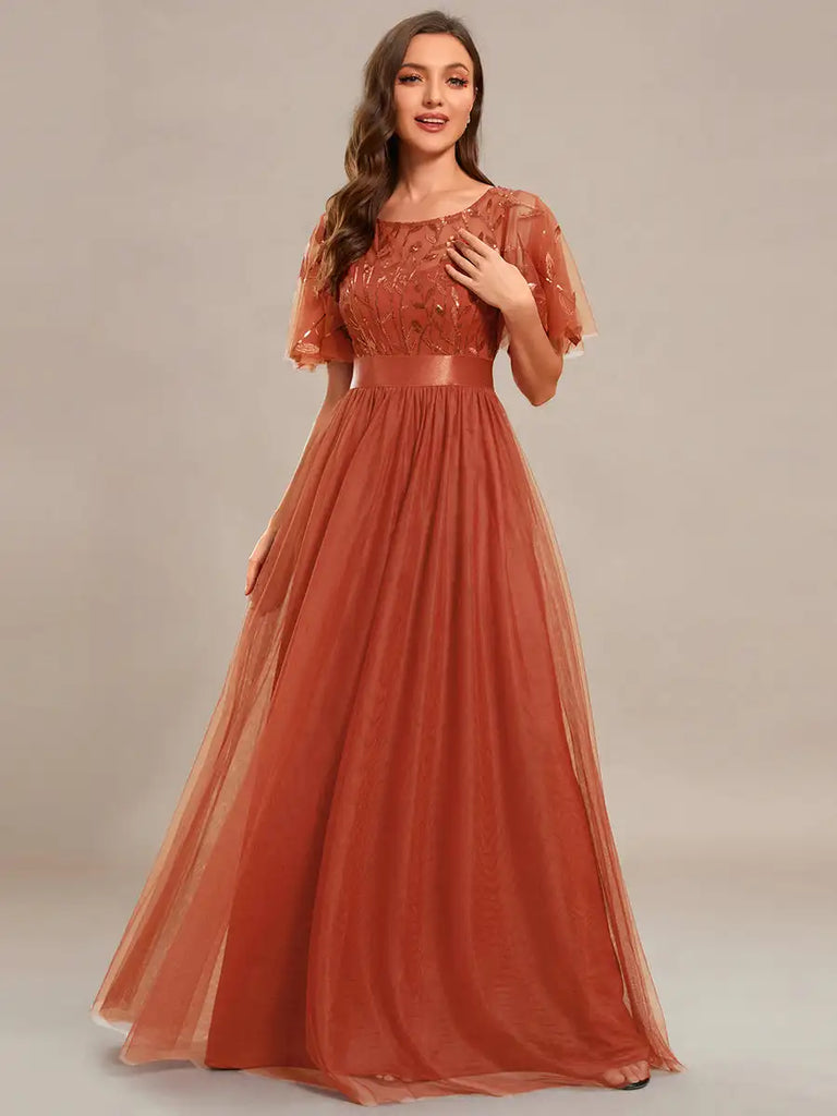 A-line evening dress with cap sleeves and sequins, available in a range of elegant colors, perfect for formal events.