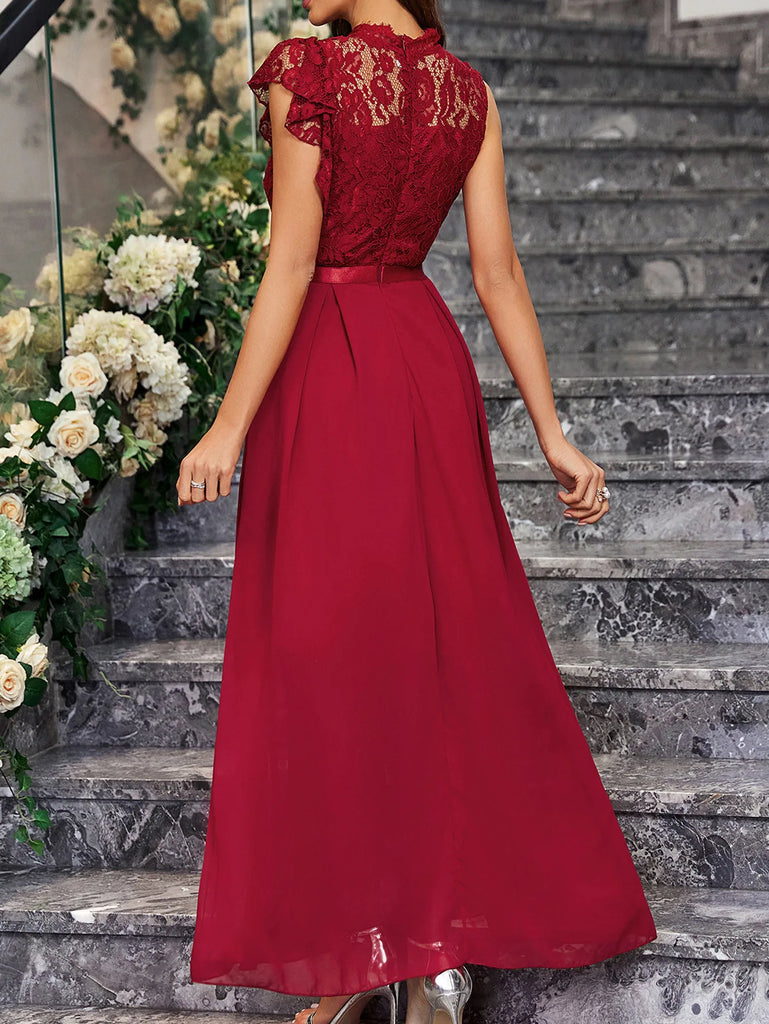 Sleeveless lace-tiered tulle dress with an elegant O-neck design, perfect for weddings and formal events, available in burgundy and black.