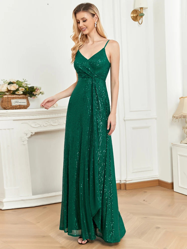 Sequined V-neck evening dress with a long flowing skirt, available in vibrant colors for formal events.