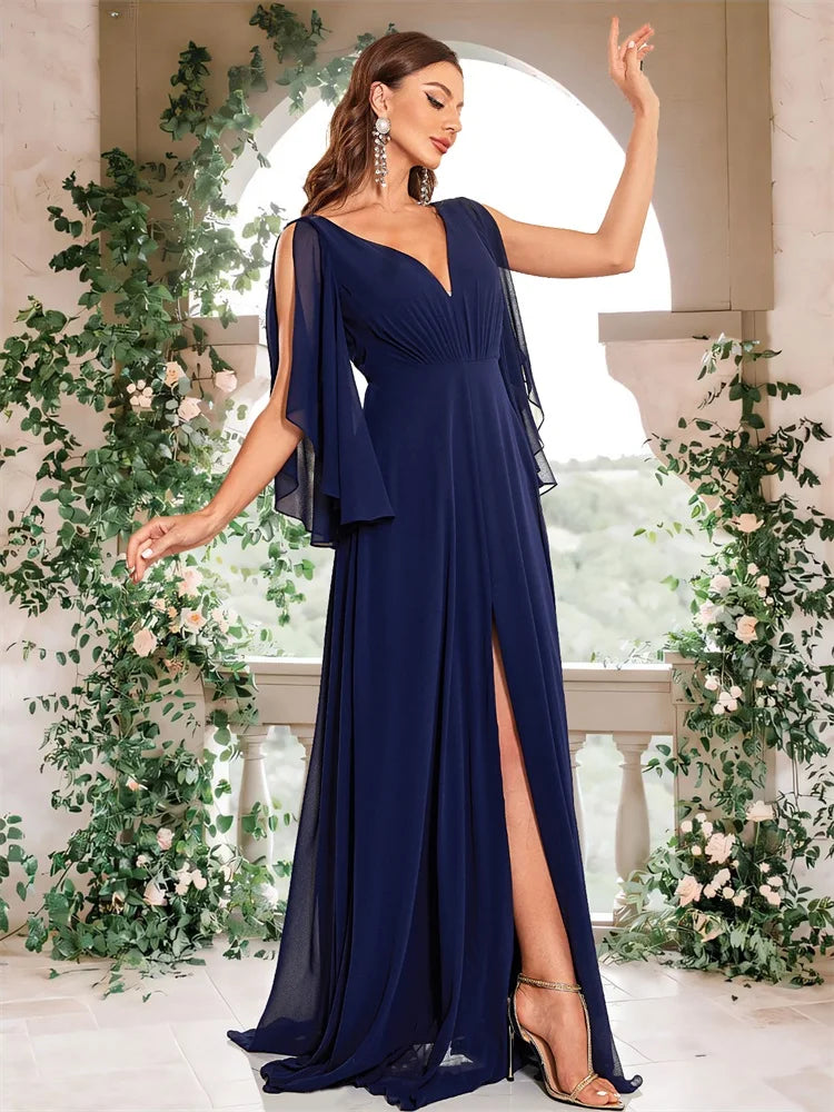 Chiffon long sleeve evening dress with a high slit, available in navy and royal blue.