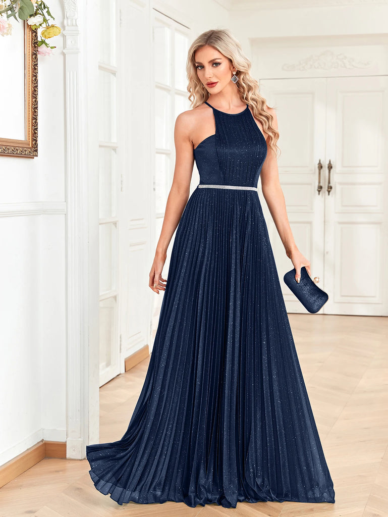 emerald blue halter-neck gown featuring a sparkling fabric, cinched waist with a silver belt detail, and a flowing A-line silhouette for a timeless evening style.