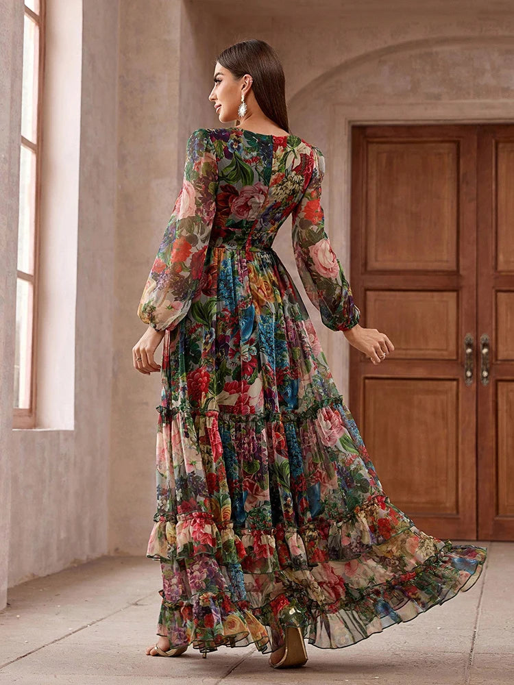 Elegant long-sleeve boho maxi dress with a floral print and frill trim, perfect for casual and vacation wear.