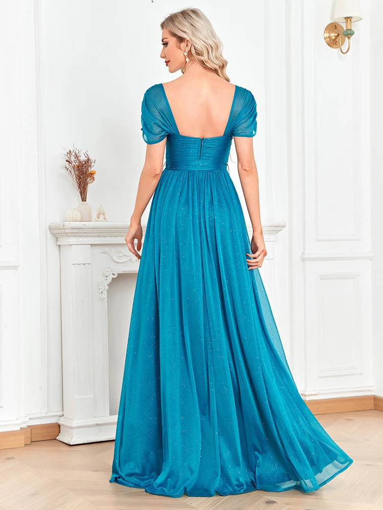 Sky blue shining evening prom gown with split design, perfect for weddings, parties, and formal events.