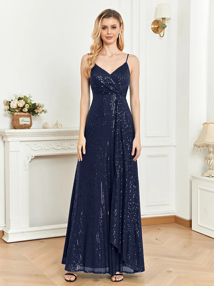 Sequined V-neck evening dress with a long flowing skirt, available in vibrant colors for formal events.