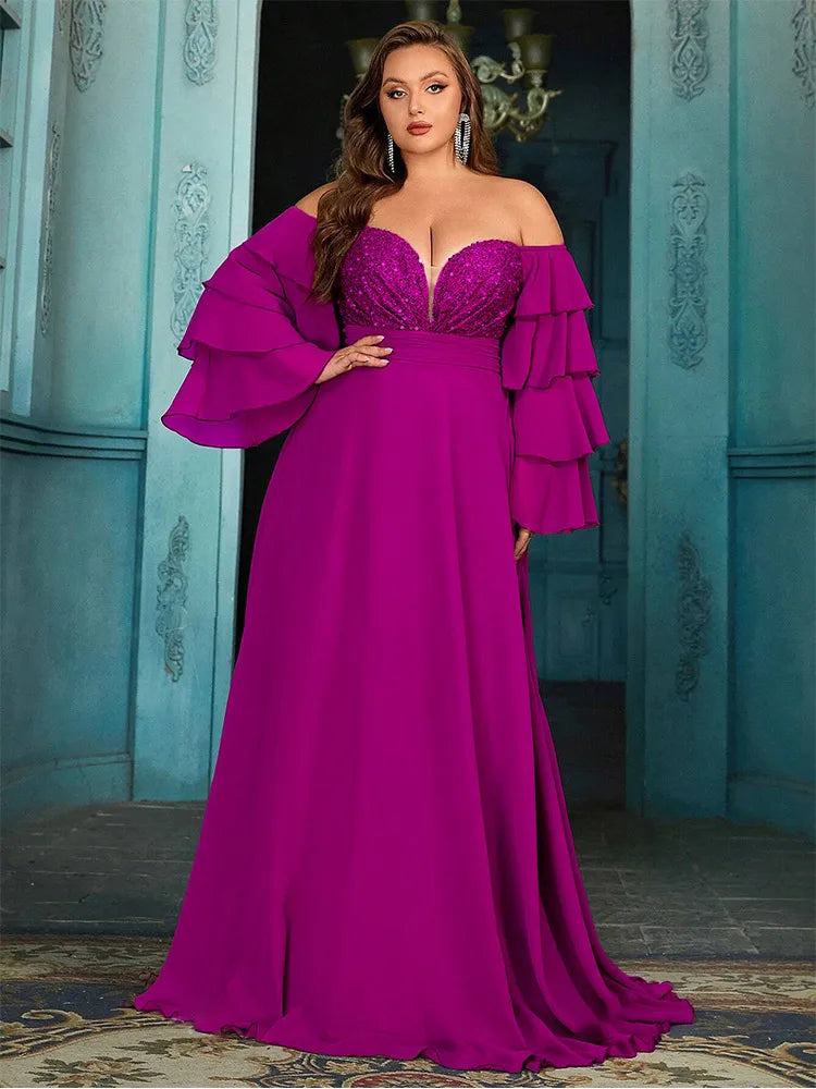 Elegant off-shoulder chiffon evening gown for plus sizes, floor-length design, available in blue, brown, red, and pink.