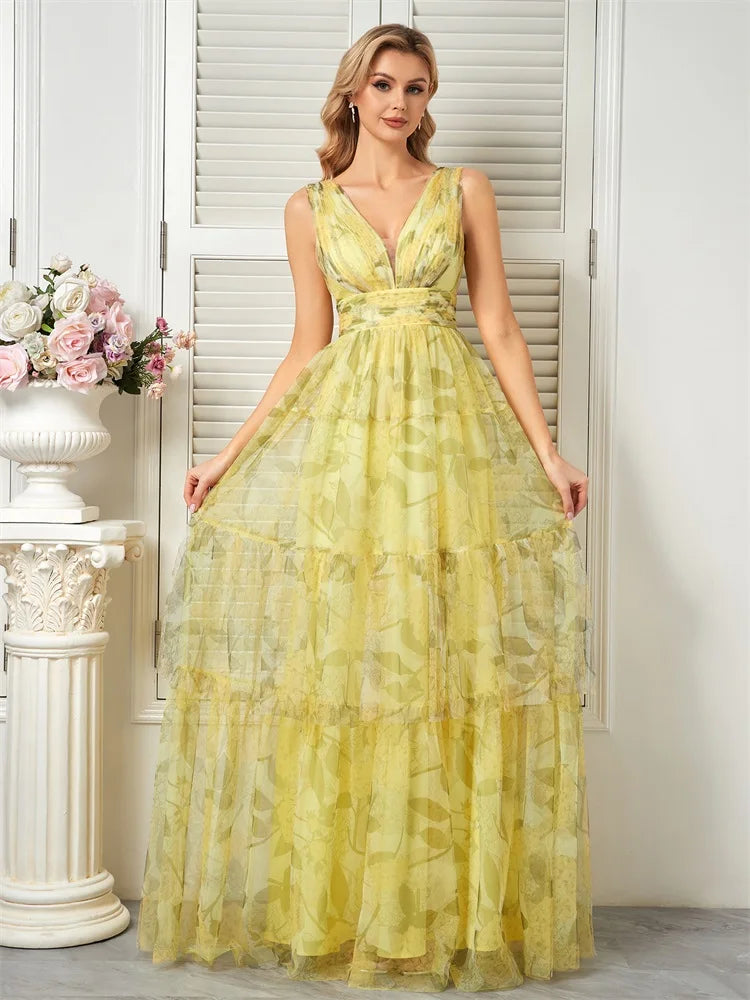 Elegant yellow chiffon backless dress, ideal for bridesmaids, graduation, and formal occasions.