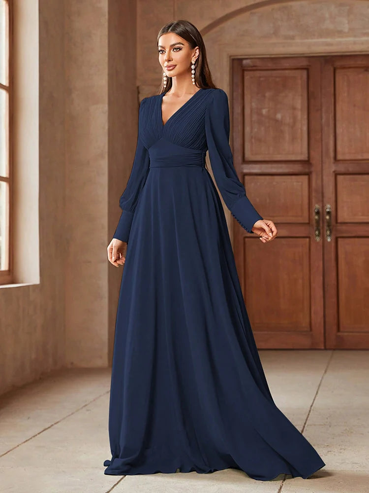 V-neck solid color formal dress with long sleeves, available in pink, blue, and green, perfect for elegant occasions.