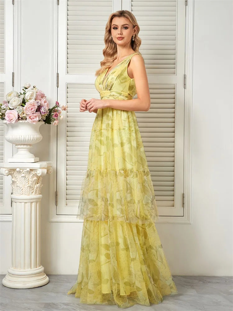 Elegant yellow chiffon backless dress, ideal for bridesmaids, graduation, and formal occasions.