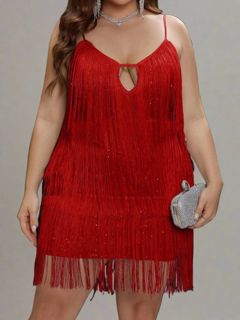 Plus size backless sequin mini dress with fringe details, spaghetti straps, and cutout design, available in multiple colors.