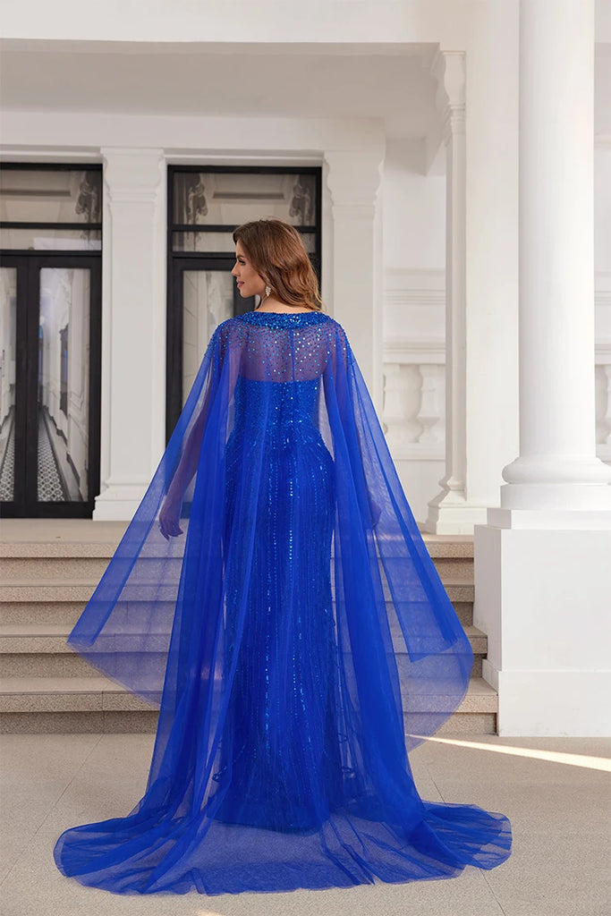 Blue sequin mermaid cape strapless prom dress, sparkly and elegant for formal events.