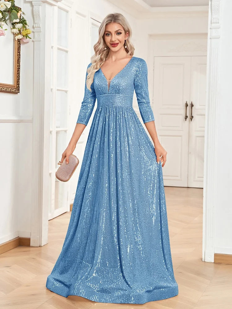 An elegant blue sequin gown with a deep V-neckline, 3/4 sleeves, and a flowing A-line silhouette is perfect for evening galas or formal occasions.