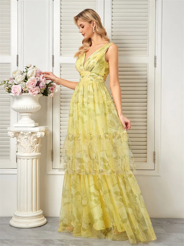 Elegant yellow chiffon backless dress, ideal for bridesmaids, graduation, and formal occasions.