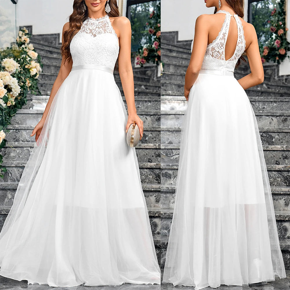 Chiffon halter neck beach wedding dress with lace applique details, available in white.