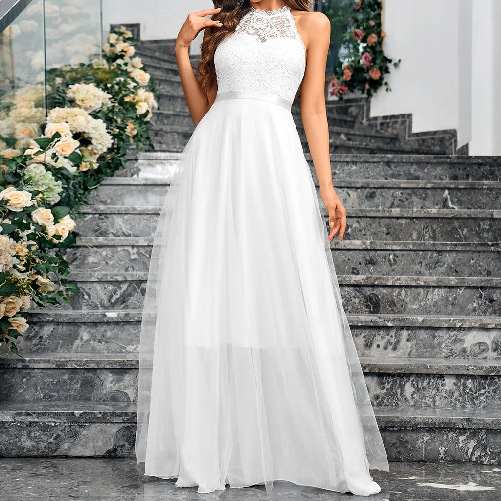 Chiffon halter neck beach wedding dress with lace applique details, available in white.