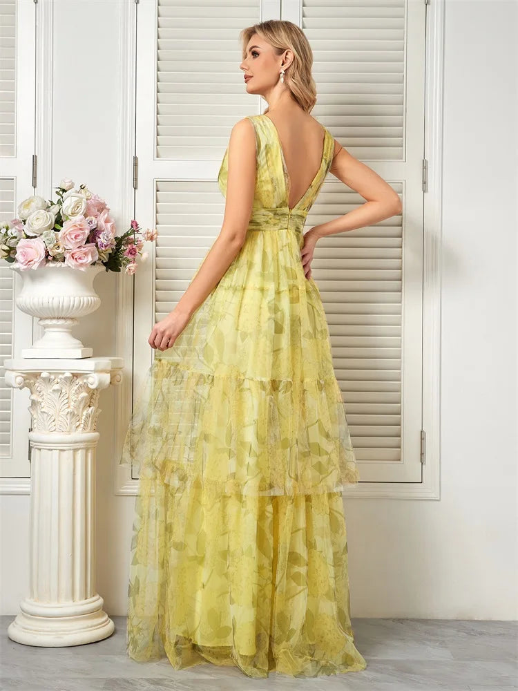 Elegant yellow chiffon backless dress, ideal for bridesmaids, graduation, and formal occasions.