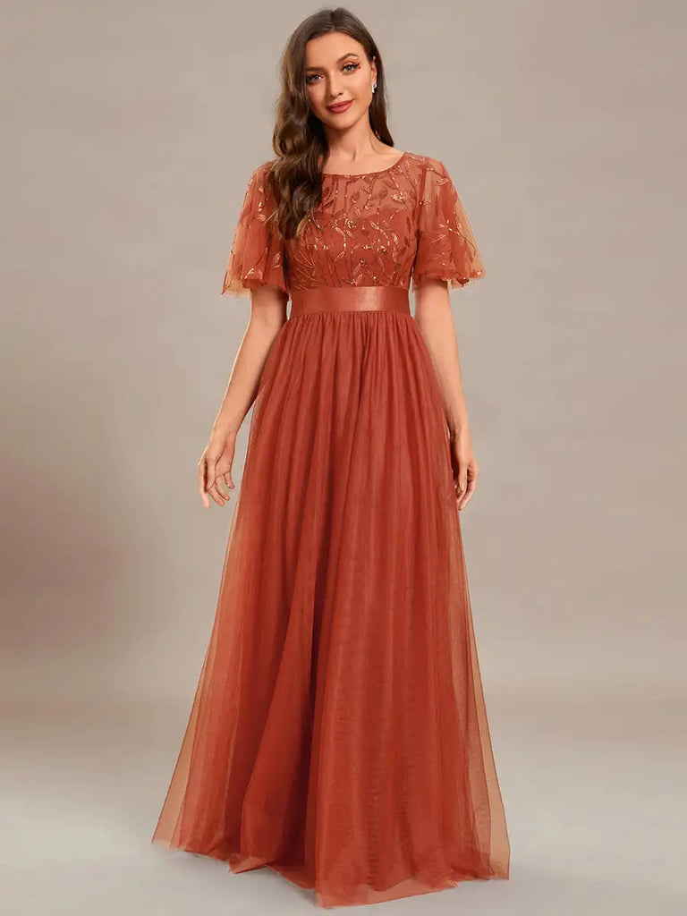 A-line evening dress with cap sleeves and sequins, available in a range of elegant colors, perfect for formal events.