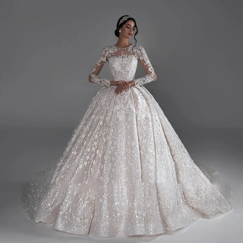 Royal long sleeve lace appliques ball gown wedding dress, available in white and ivory.