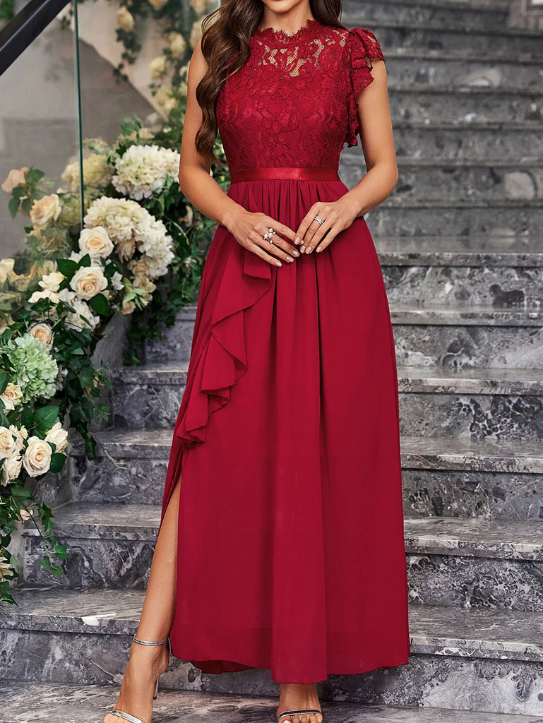 Sleeveless lace-tiered tulle dress with an elegant O-neck design, perfect for weddings and formal events, available in burgundy and black.