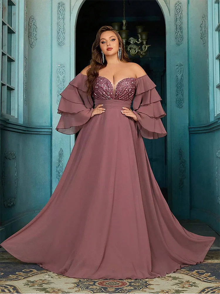 Elegant off-shoulder chiffon evening gown for plus sizes, floor-length design, available in blue, brown, red, and pink.