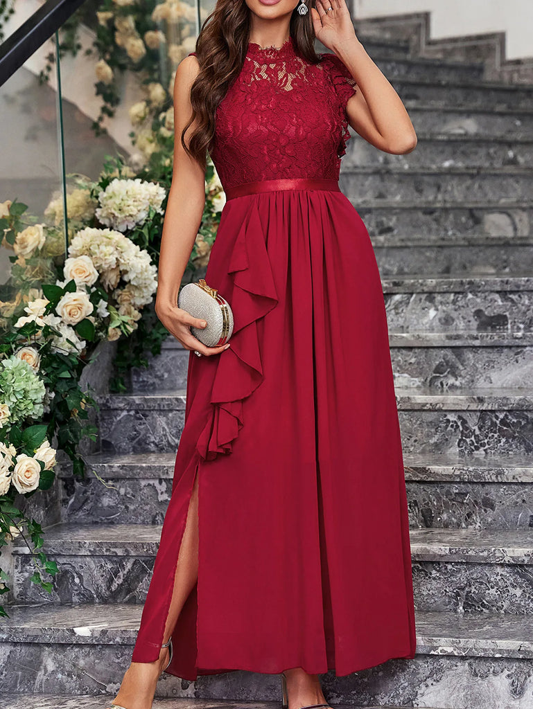 Sleeveless lace-tiered tulle dress with an elegant O-neck design, perfect for weddings and formal events, available in burgundy and black.