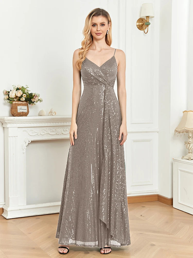 Sequined V-neck evening dress with a long flowing skirt, available in vibrant colors for formal events.